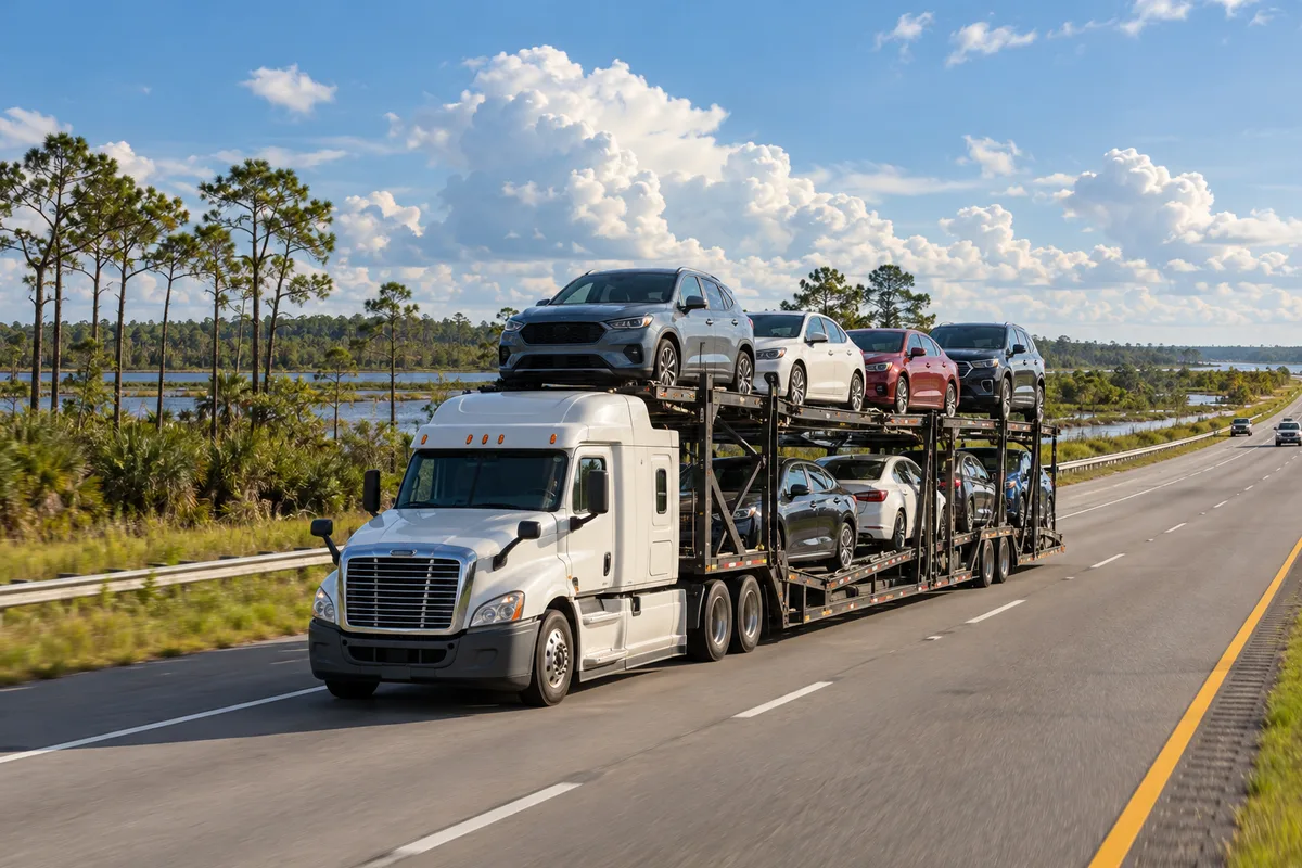 A loaded open auto carrier traveling beside Gulf Coast wetlands and pines. Illustration of vehicle transport on the Florida-to-Texas corridor.