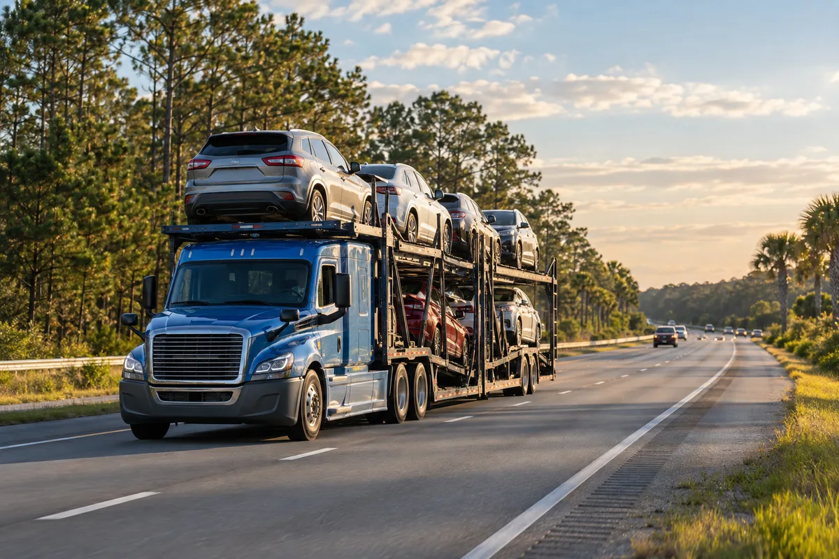 A loaded open auto carrier traveling through a southeastern pine corridor. Illustration of vehicle transport on the Georgia-to-Florida corridor.