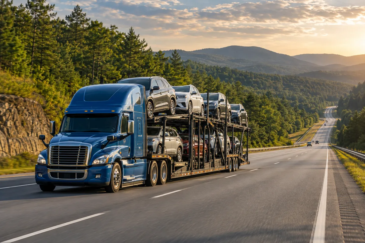 A loaded open auto carrier traveling through southeastern foothills. Illustration of vehicle transport on the Illinois-to-Florida corridor.