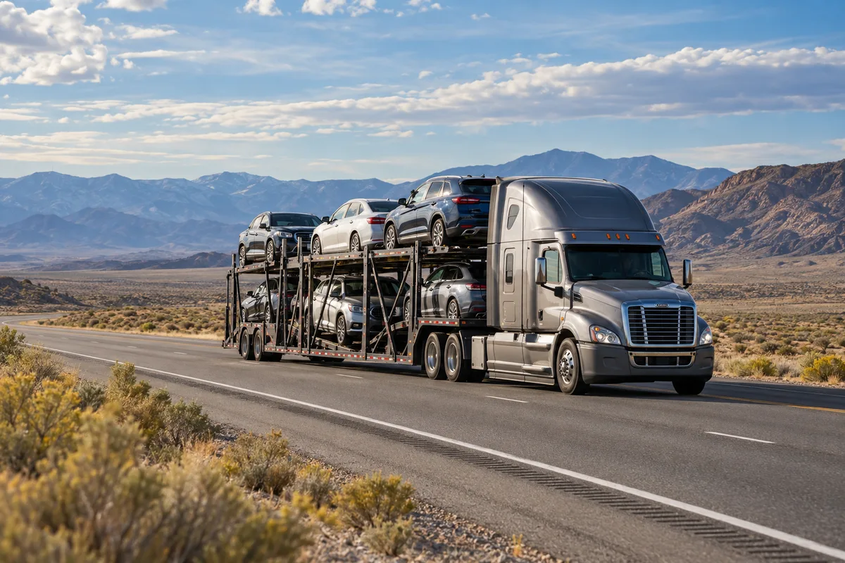 A loaded open auto carrier crossing a high-desert basin. Illustration of vehicle transport on the Nevada-to-Texas corridor.