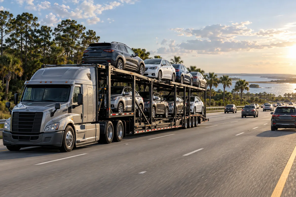 A loaded open auto carrier traveling on an East Coast interstate near coastal pines. Illustration of vehicle transport on the New-Jersey-to-Florida corridor.