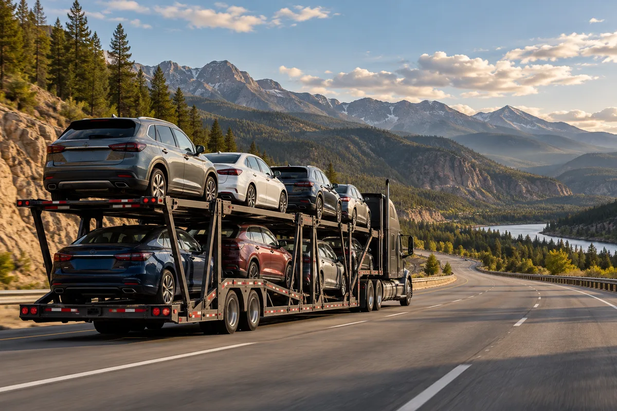 A loaded open auto carrier crossing a western mountain interstate. Illustration of vehicle transport on the New-York-to-California corridor.