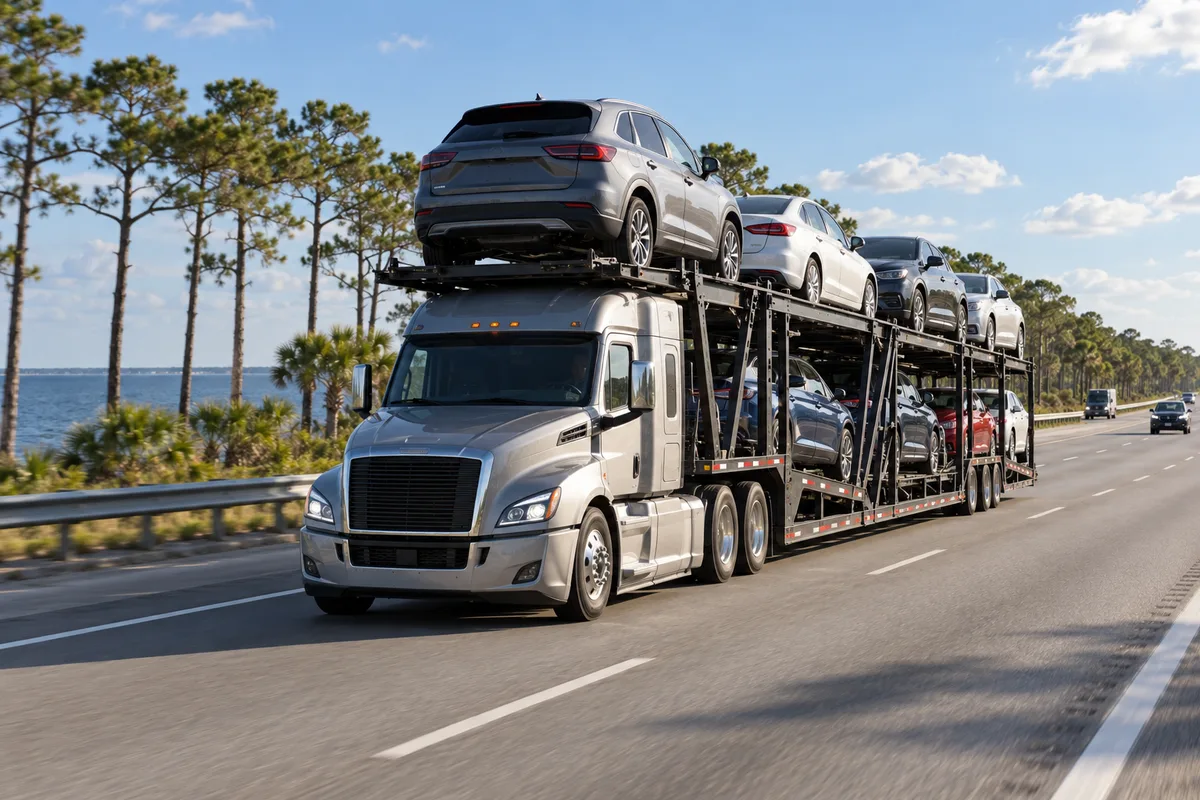 A loaded open auto carrier traveling south beside coastal pines. Illustration of vehicle transport on the New-York-to-Florida corridor.