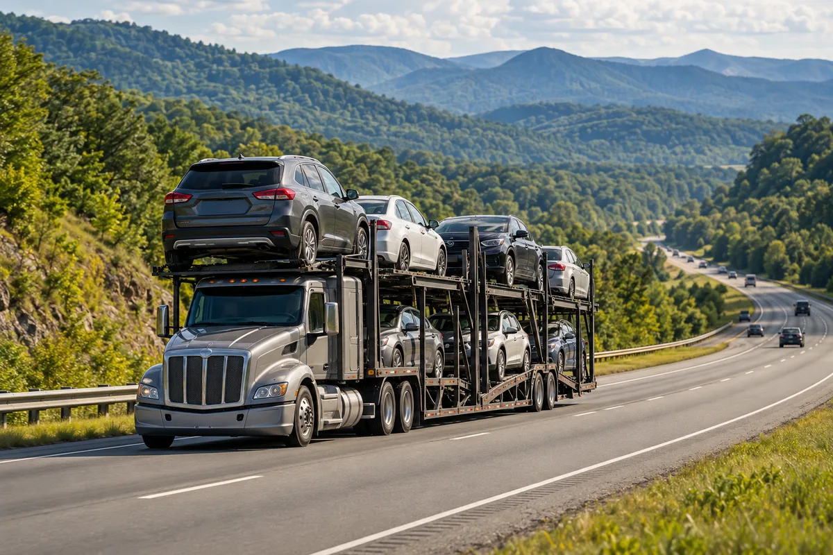 A loaded open auto carrier traveling through green Appalachian foothills. Illustration of vehicle transport on the Ohio-to-Florida corridor.
