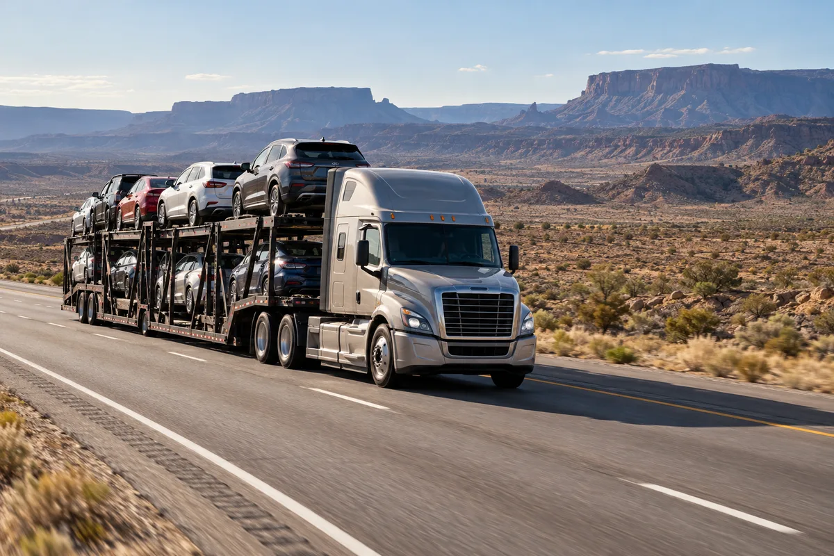 A loaded open auto carrier crossing a West Texas desert corridor. Illustration of vehicle transport on the Texas-to-Arizona corridor.