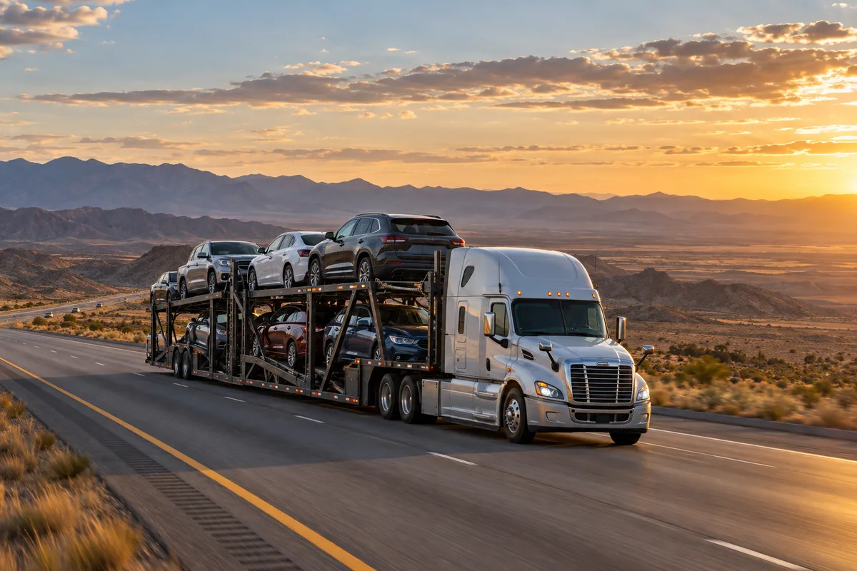 A loaded open auto carrier traveling through a desert basin at sunset. Illustration of vehicle transport on the Texas-to-California corridor.