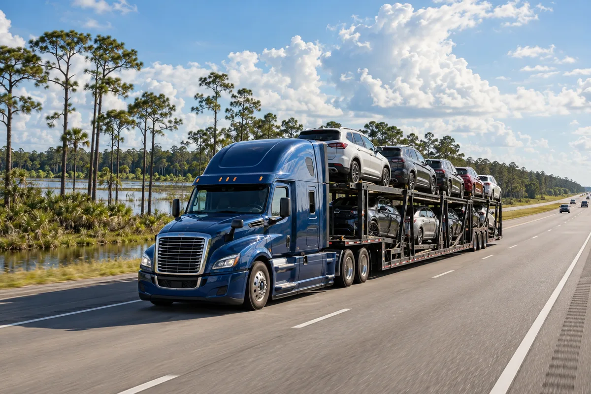 A loaded open auto carrier traveling beside Gulf Coast pine wetlands. Illustration of vehicle transport on the Texas-to-Florida corridor.