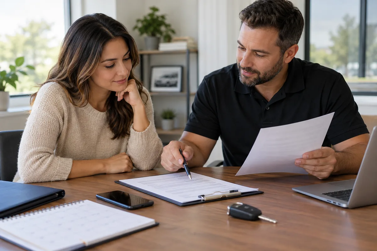 A customer and transport coordinator reviewing shipping paperwork before pickup. Illustration of reviewing cancellation and deposit terms before a vehicle is dispatched.