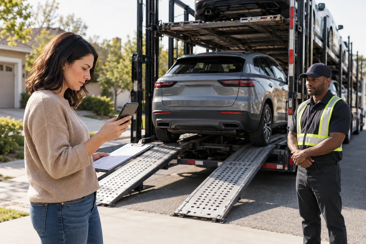 A customer verifying pickup details beside an auto carrier and driver. Illustration of checking shipment and driver details before releasing a vehicle.
