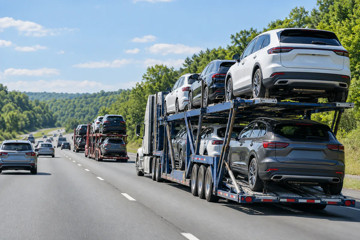 Several loaded car carriers traveling in a row on a busy interstate. Illustration of higher carrier activity when demand is concentrated on a route.