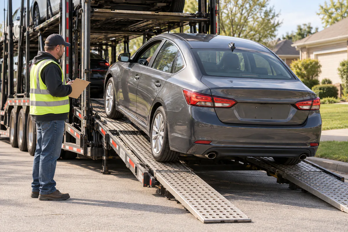 A plate-free sedan being loaded while a driver completes a condition inspection. Illustration of a vehicle without plates being inspected and loaded for transport.