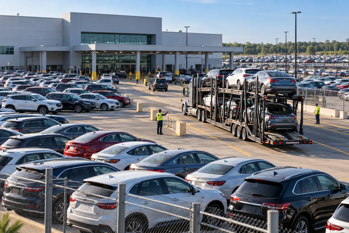 A full vehicle auction lot with an auto carrier at the pickup area. Illustration of vehicle pickup activity at an automotive auction lot.