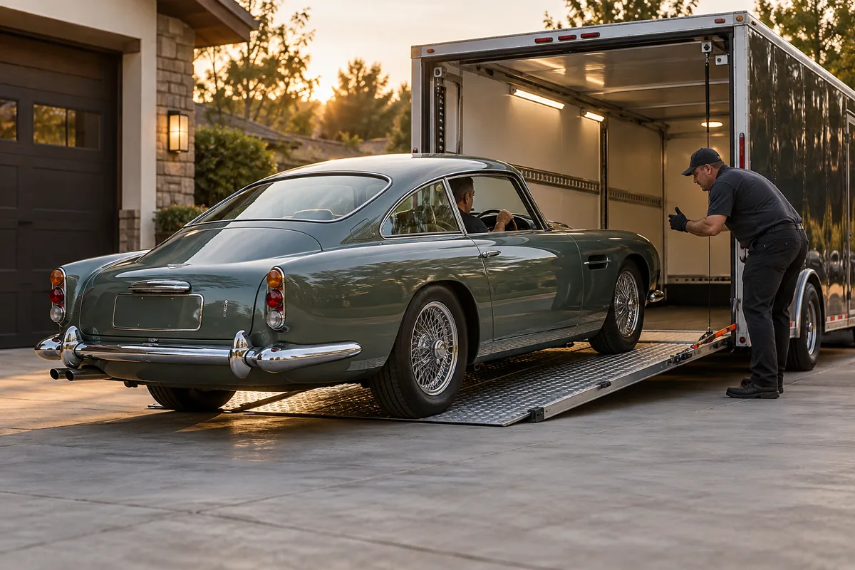 A restored vintage coupe being carefully loaded into an enclosed auto trailer. Illustration of enclosed transport preparation for a classic vehicle.