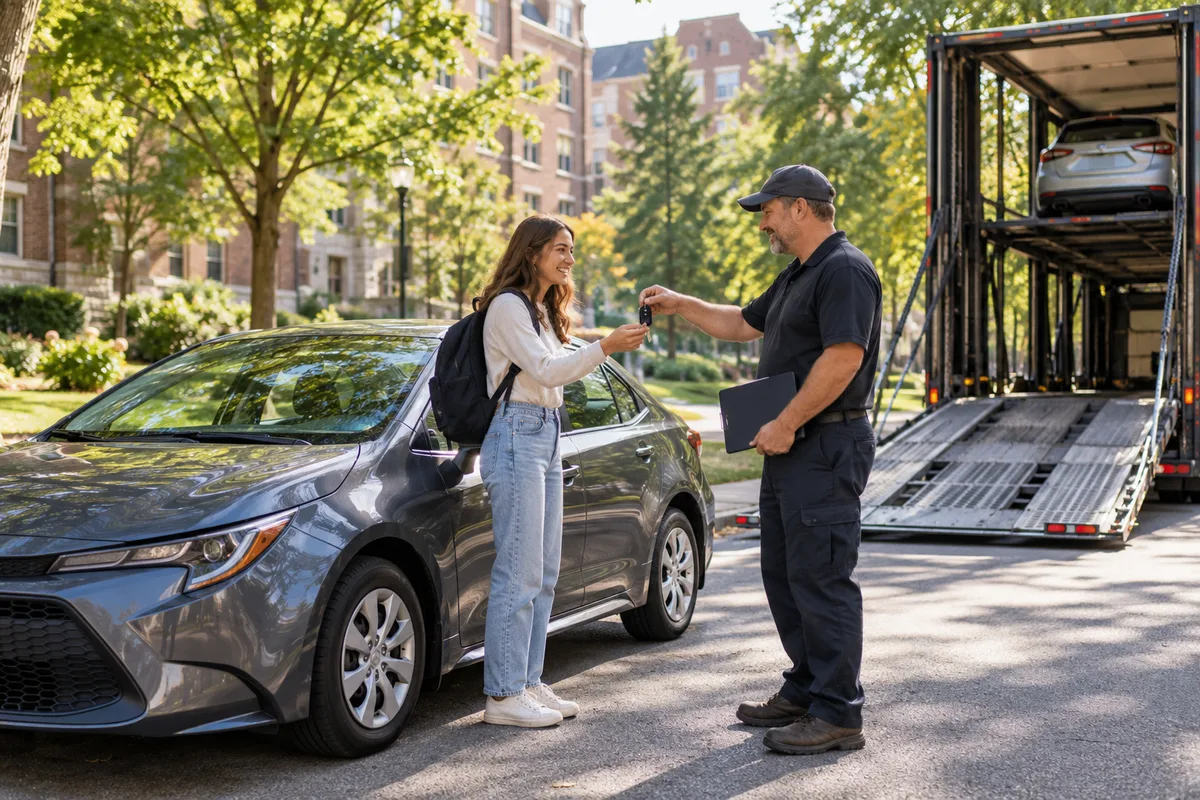 A college student receiving car keys from a transport driver near campus. Illustration of vehicle delivery near a college campus.