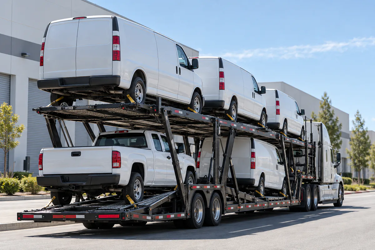 Unmarked cargo vans and a work pickup secured on an open car carrier. Illustration of light commercial vehicles prepared for transport.