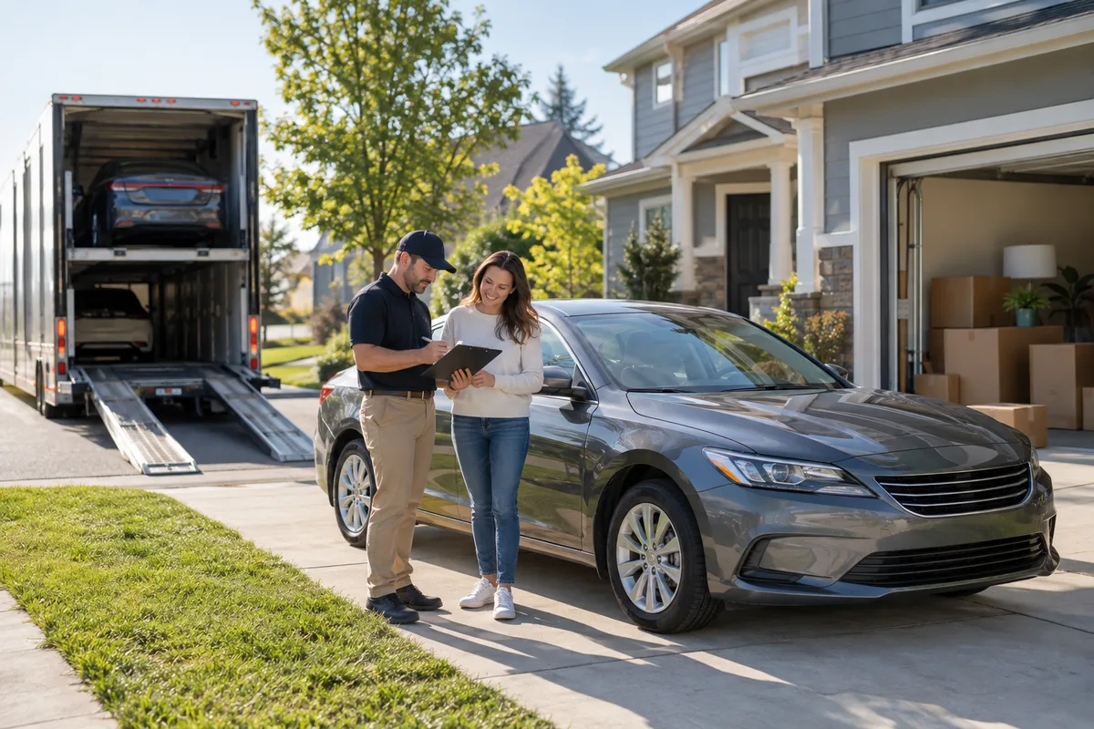 A relocating employee reviewing a delivered vehicle with a coordinator. Illustration of vehicle delivery during a corporate relocation.