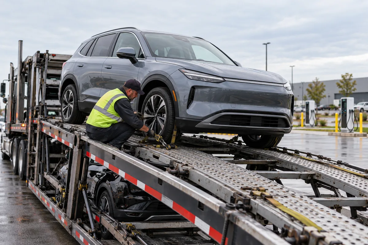 A transport driver securing an electric crossover on an open auto carrier. Illustration of an electric vehicle being secured for transport.