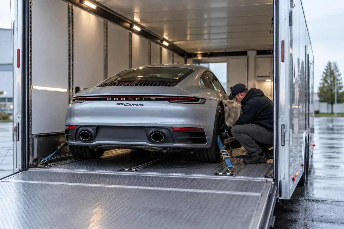 A Porsche 911 Carrera secured inside an enclosed auto transport trailer. Illustration of a Porsche 911 Carrera secured inside enclosed transport equipment.