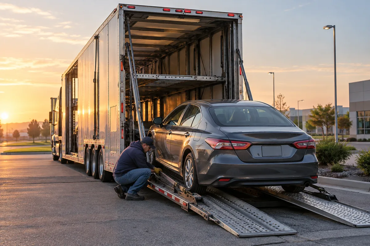 A transport driver securing a priority vehicle for an early-morning pickup. Illustration of a time-sensitive vehicle pickup being prepared at dawn.
