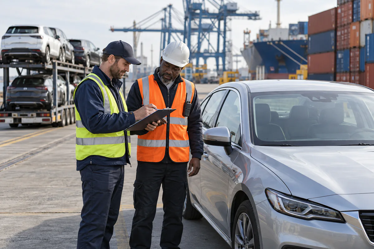 A transport driver and port worker reviewing a vehicle handoff at an export terminal. Illustration of condition and paperwork review at the domestic port handoff.