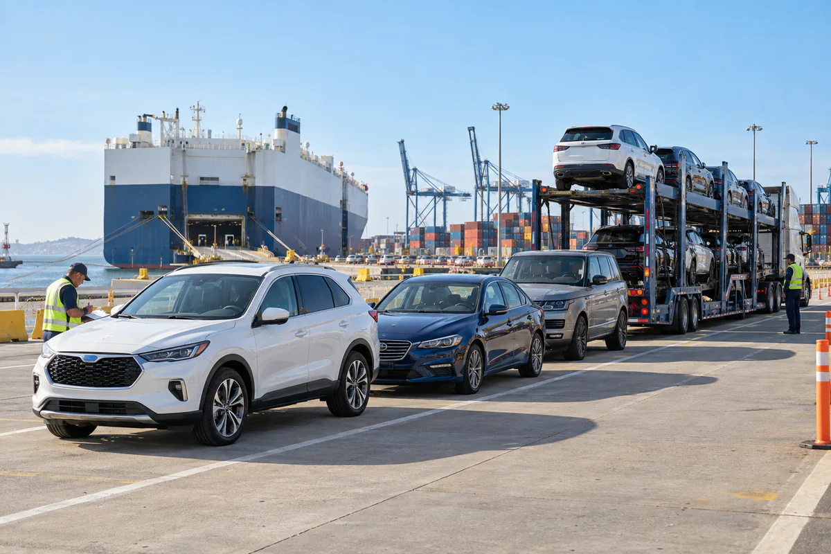 Vehicles staged with an open auto carrier at a coastal export terminal. Illustration of domestic vehicle delivery to a port before export.