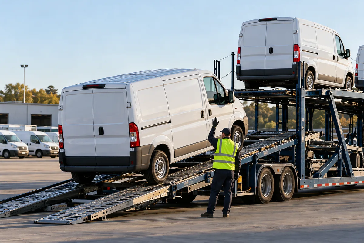 Unbranded service vans being loaded onto an open auto carrier. Illustration of coordinated multi-vehicle fleet transport.