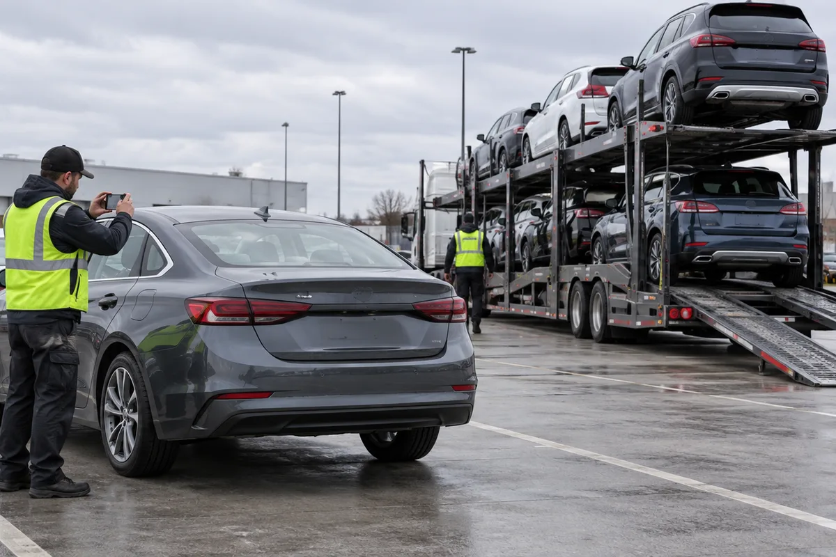 Off-lease vehicles being inspected and staged for transport. Illustration of condition documentation before off-lease vehicle transport.