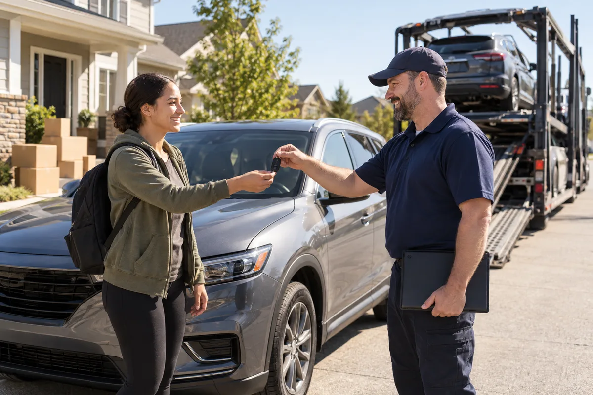 A relocating service member receiving vehicle keys from a transport driver. Illustration of a vehicle delivery during a military household move.