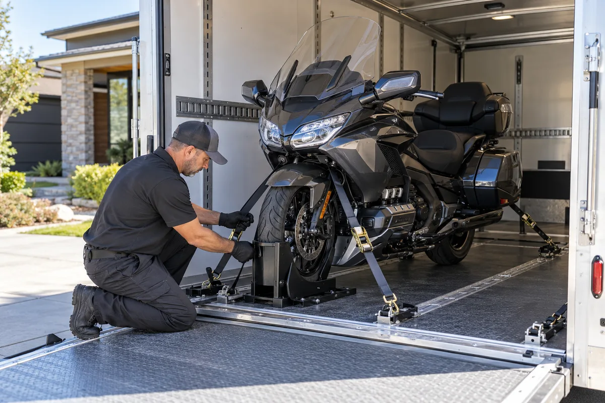 A touring motorcycle secured upright inside an enclosed transport trailer. Illustration of motorcycle wheel-chock and tie-down preparation.