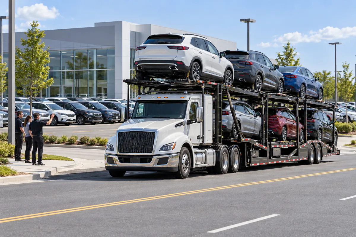 A loaded car carrier leaving an unbranded dealership lot with new inventory. Illustration of dealership inventory moving between locations.