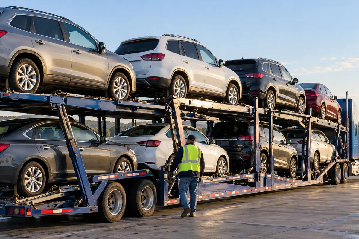 A fully loaded open auto carrier undergoing a final walkaround. Illustration of ordinary vehicles secured on open transport equipment.