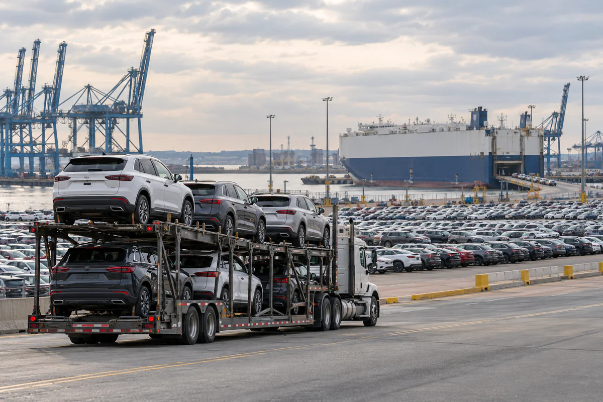 A loaded open auto carrier entering a large Baltimore automobile terminal. Illustration of exporter vehicle delivery at the Port of Baltimore.