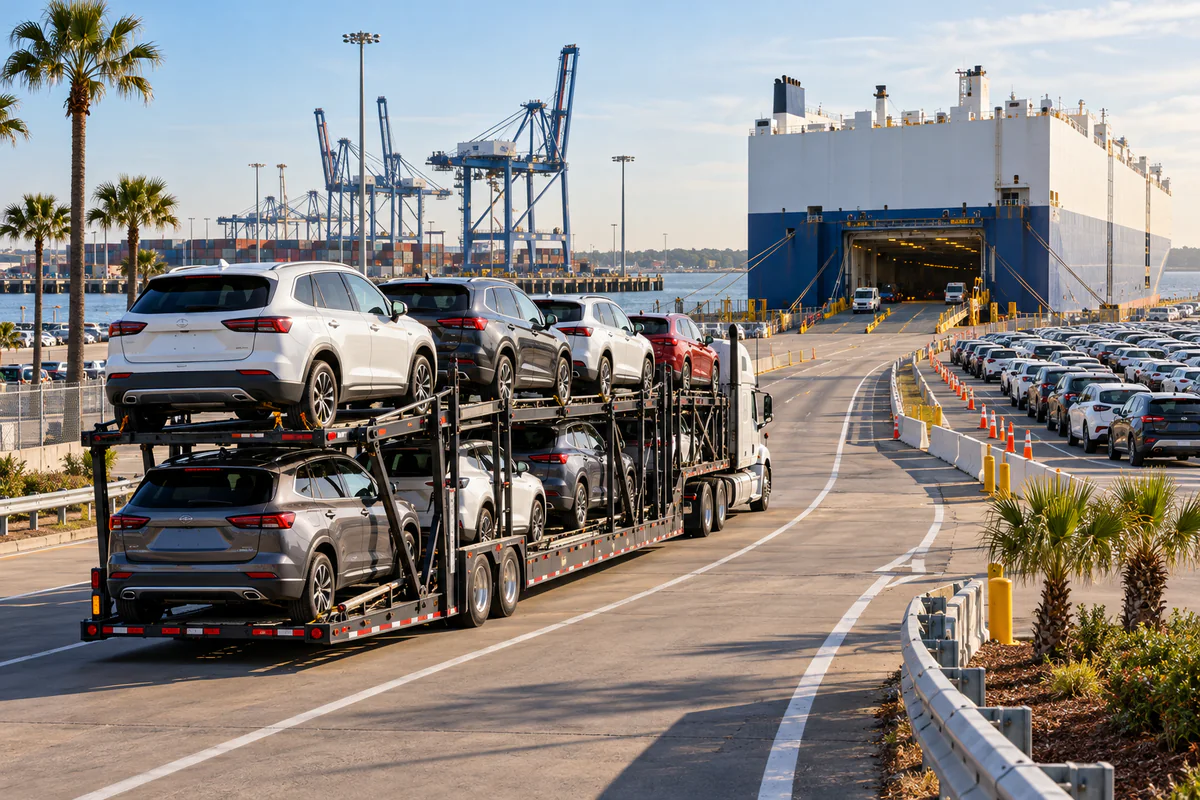 A loaded open auto carrier approaching a Florida roll-on roll-off terminal. Illustration of exporter vehicle delivery at the Port of Jacksonville.