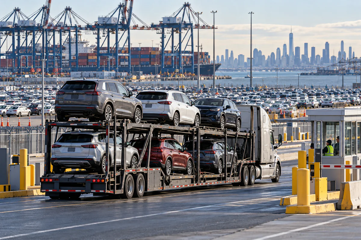 A loaded open auto carrier entering a Port Newark vehicle staging terminal. Illustration of exporter vehicle delivery at the Port of New York and New Jersey.