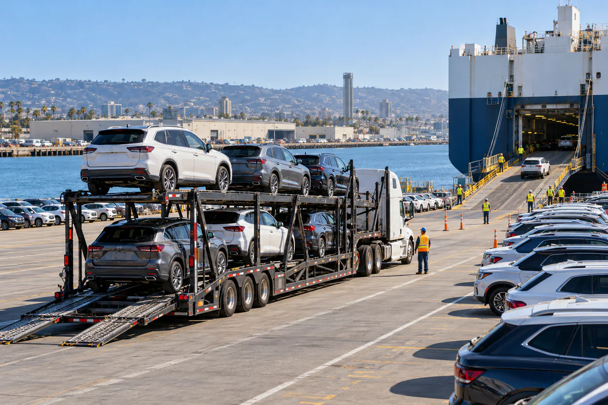 A loaded open auto carrier arriving at a Southern California vehicle terminal. Illustration of exporter vehicle delivery at the Port of San Diego.