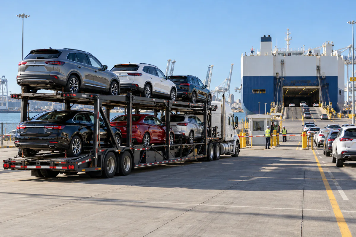A loaded open auto carrier arriving at a roll-on roll-off export terminal. Illustration of domestic vehicle delivery to a maritime export terminal.