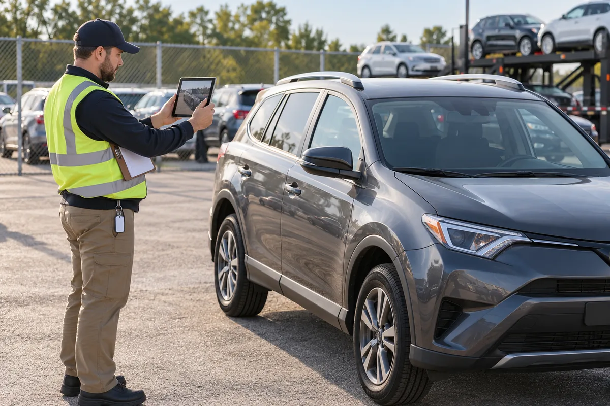 A coordinator photographing a vehicle in a secure storage lot before transport. Illustration of documenting vehicle condition before a lender-directed move.