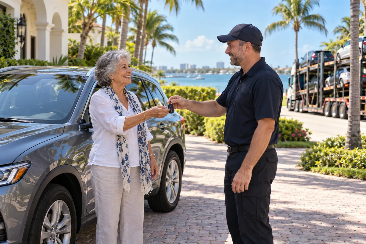 An older woman receiving her car keys from a transport driver in South Florida. Illustration of a seasonal resident receiving her vehicle in coastal South Florida.