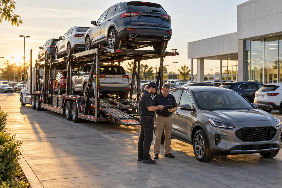 Dealership staff reviewing newly delivered inventory beside an open auto carrier. Illustration of a wholesale vehicle delivery being checked at the receiving dealership.