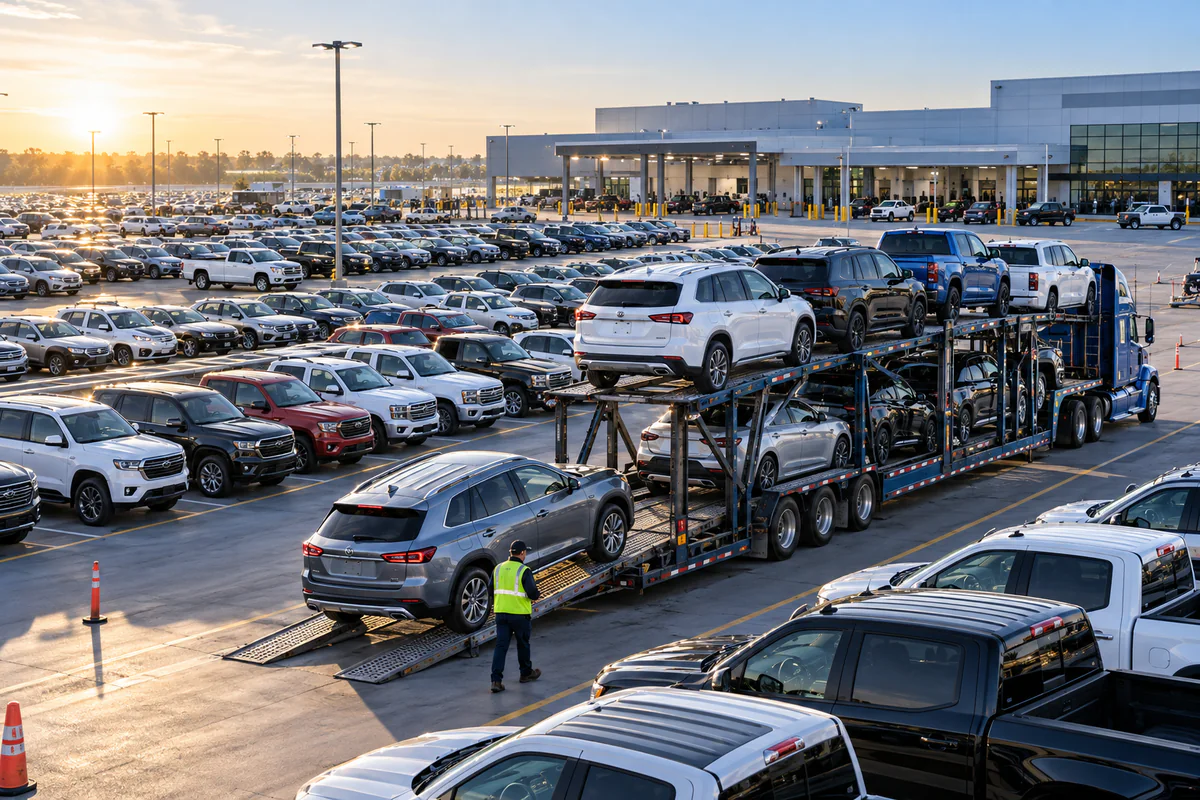 An open auto carrier loading vehicles in a large wholesale inventory lot. Illustration of coordinated inventory movement for wholesale vehicle buyers.