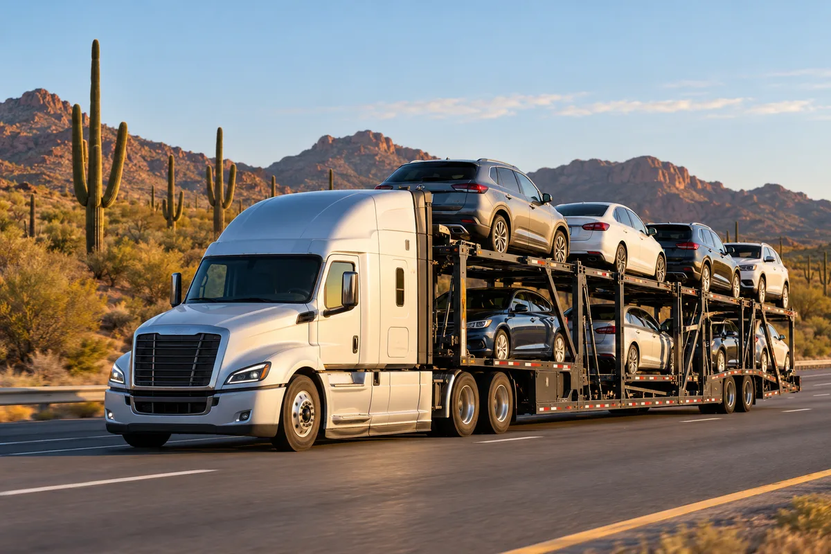 An open vehicle hauler traveling through the Arizona desert. Illustration of vehicle transport on an Arizona interstate corridor.