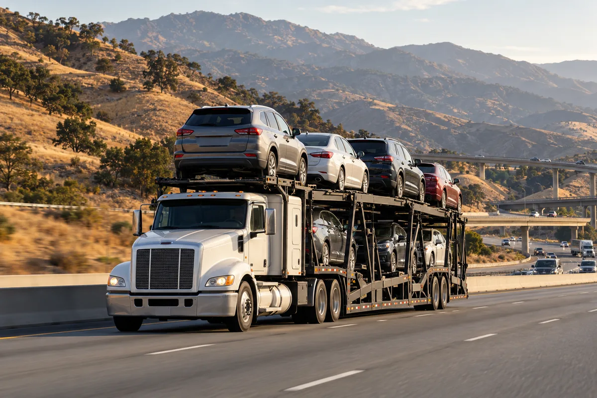 An open vehicle hauler traveling on a California mountain highway. Illustration of vehicle transport across California terrain.