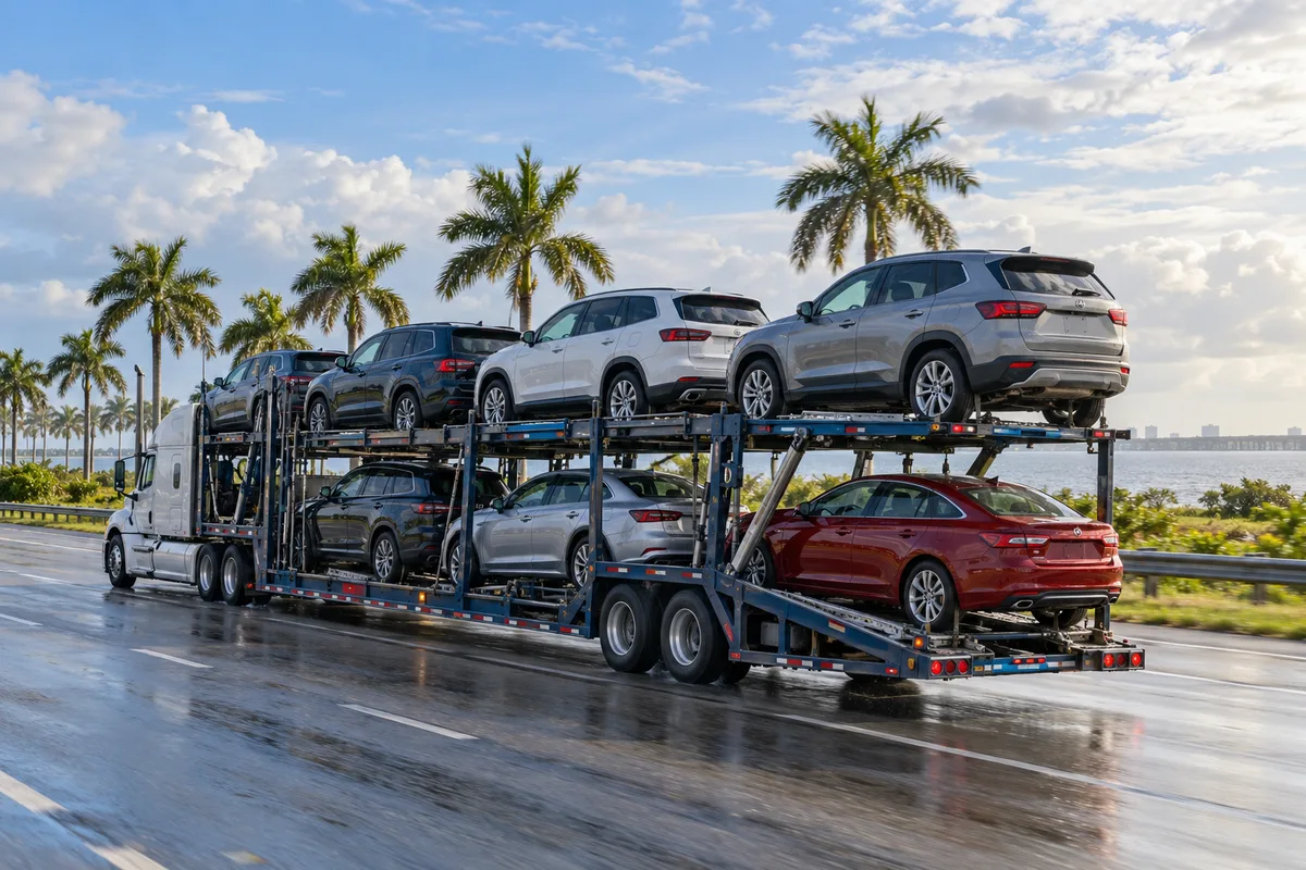 An open vehicle hauler traveling on a palm-lined Florida highway. Illustration of vehicle transport on a Florida corridor.