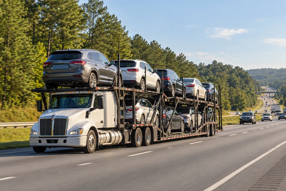 An open vehicle hauler traveling on a wooded Georgia interstate. Illustration of vehicle transport on a Georgia interstate corridor.