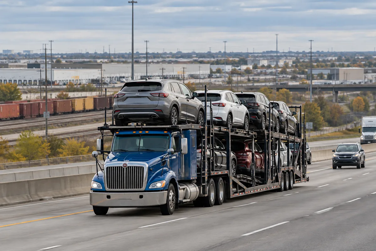 An open vehicle hauler traveling past the Chicago industrial corridor. Illustration of vehicle transport through an Illinois freight corridor.