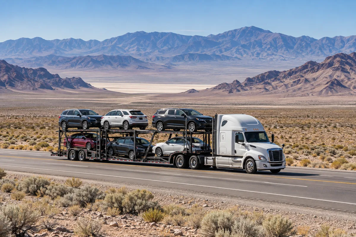 An open vehicle hauler traveling through a broad Nevada desert valley. Illustration of vehicle transport across Nevada.
