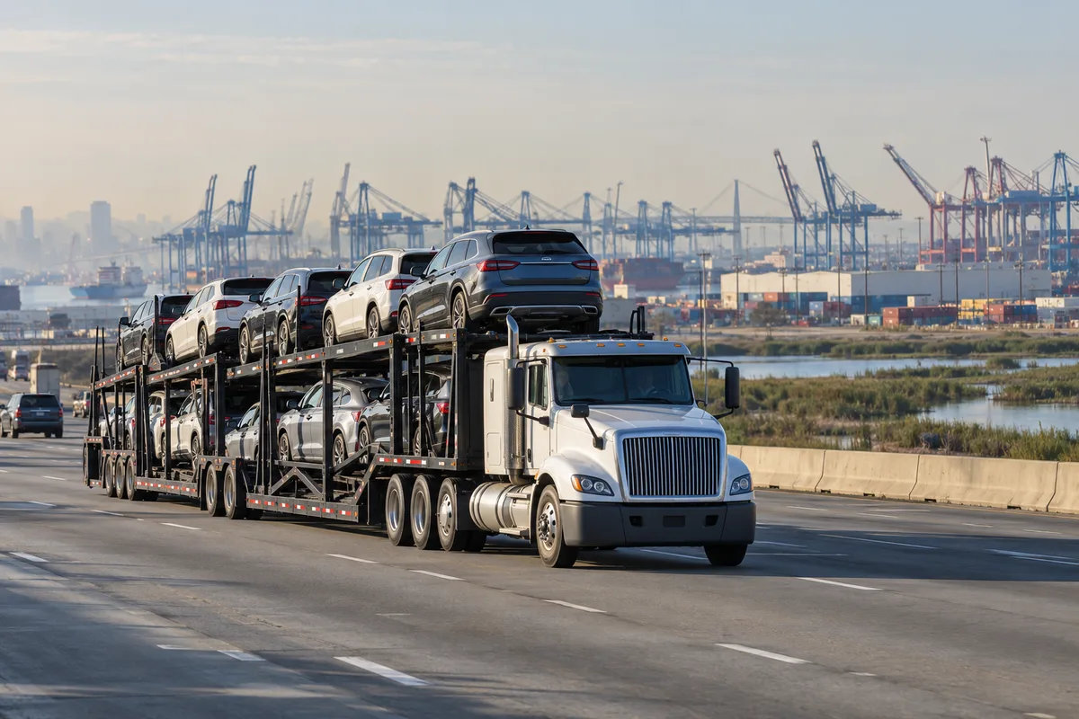 An open vehicle hauler traveling through a New Jersey port corridor. Illustration of vehicle transport through a New Jersey logistics corridor.
