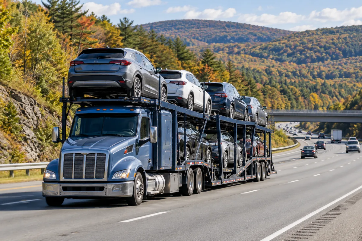 An open vehicle hauler traveling on an upstate New York highway. Illustration of vehicle transport across New York.