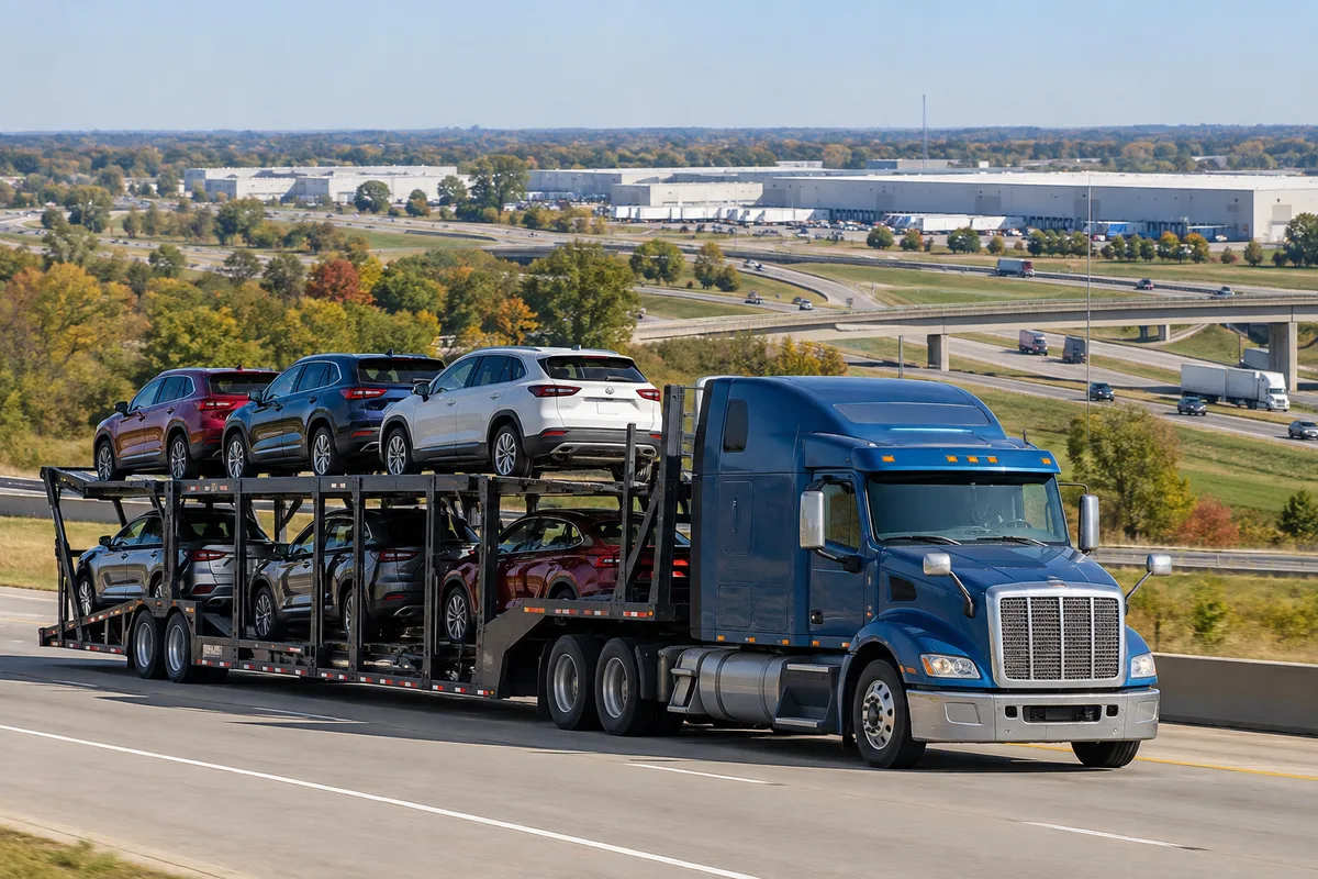 An open vehicle hauler traveling on an Ohio interstate near a logistics hub. Illustration of vehicle transport through an Ohio freight corridor.