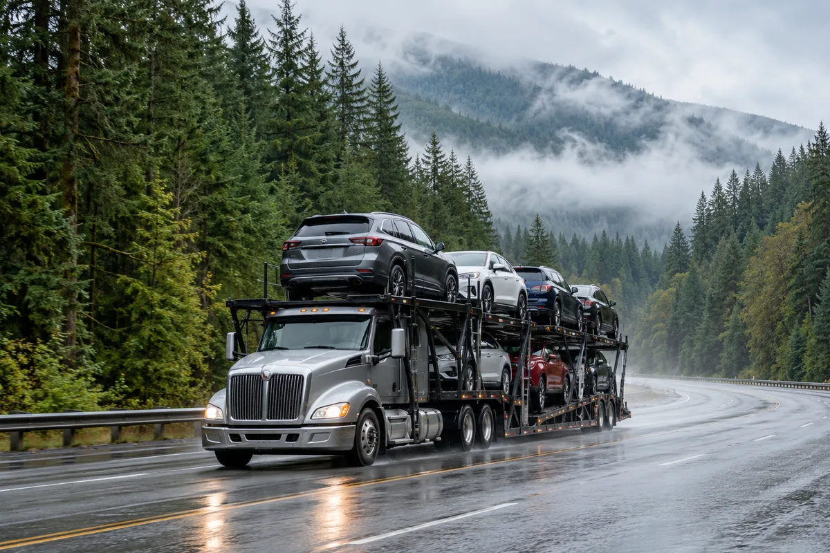 An open vehicle hauler traveling through a wet Oregon forest corridor. Illustration of vehicle transport across Oregon.